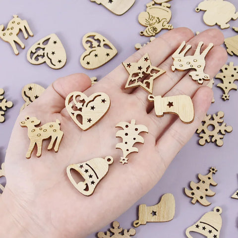 50Pcs Christmas Natural Wooden Chip Pendant Santa Claus Snowflake Christmas Tree Hanging Ornaments Navidad Decoration DIY Craft
