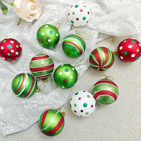12pcs Painted Christmas Ball Decorations Green Monster Xmas Tree Ornaments 60MM Hanging Xmas Ball for Christmas Party Wedding