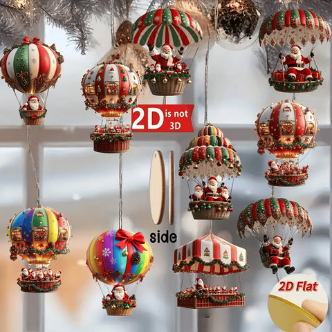 10Pcs Christmas Wooden Hot Air Balloon Santa Claus 2D Flat Wooden Pendant Christmas Tree Decoration Perfect Holiday Gift Decor