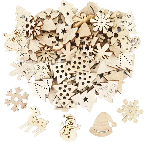 50Pcs Christmas Natural Wooden Chip Pendant Santa Claus Snowflake Christmas Tree Hanging Ornaments Navidad Decoration DIY Craft