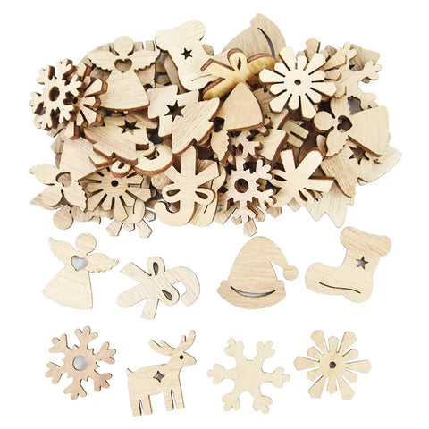 50Pcs Christmas Natural Wooden Chip Pendant Santa Claus Snowflake Christmas Tree Hanging Ornaments Navidad Decoration DIY Craft