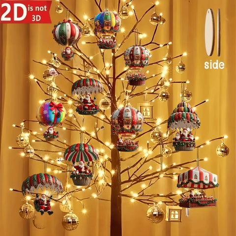 10Pcs Christmas Wooden Hot Air Balloon Santa Claus 2D Flat Wooden Pendant Christmas Tree Decoration Perfect Holiday Gift Decor