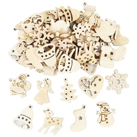50Pcs Christmas Natural Wooden Chip Pendant Santa Claus Snowflake Christmas Tree Hanging Ornaments Navidad Decoration DIY Craft